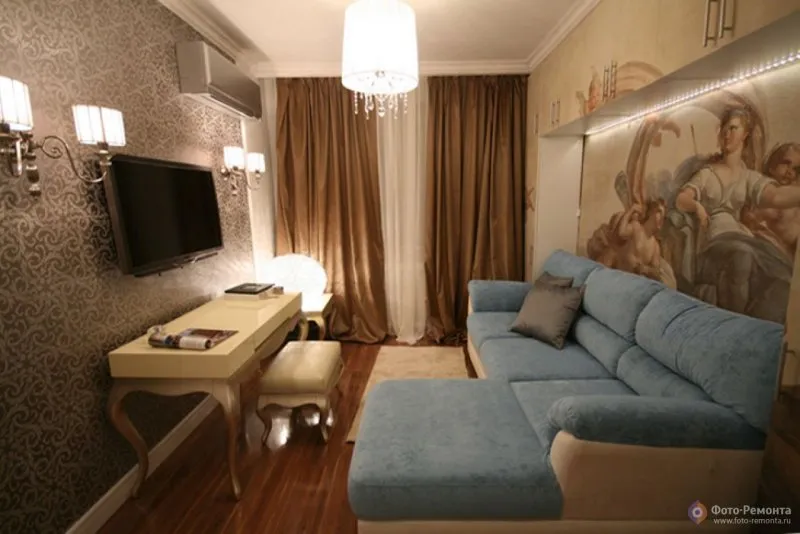 Угловой диван в интерьере узкой гостиной
