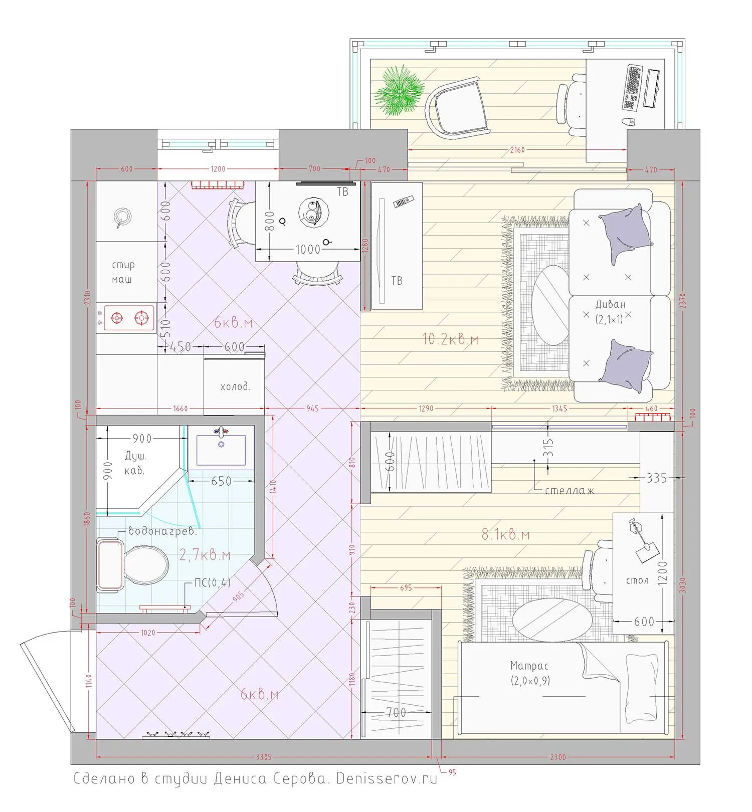 планировка 1 комнатной хрущевки с размерами