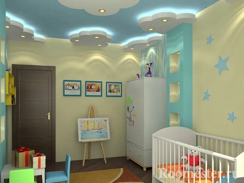 Подсвеченные стены и потолок детской комнаты