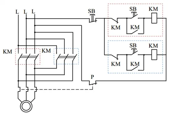 Реверсивная схема подключения электродвигателя к питающей сети с помощью МП