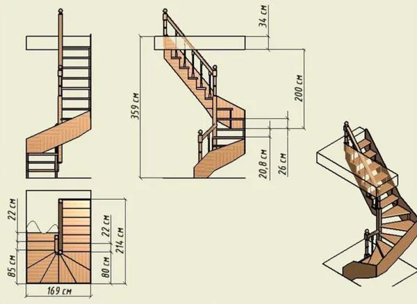 Перед началом возведения винтовой лестницы следует составить ее чертеж на бумаге, указав размеры всех элементов 