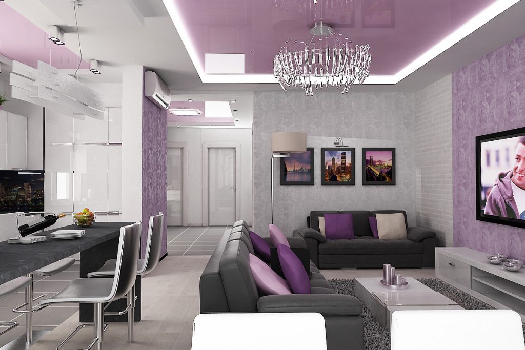 Интерьер гостиной в серо-фиолетовых