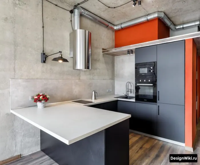 Недорогой вариант стиля лофт на кухне без отделки стен и потолка