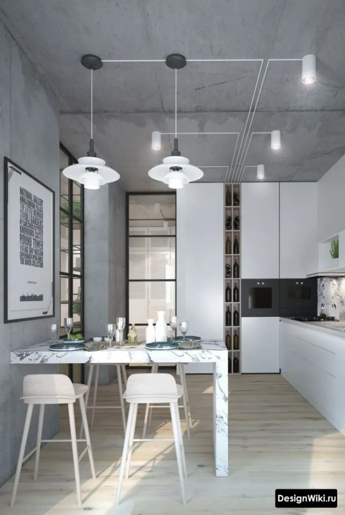 Кухня в стиле лофт с декоративной штукатуркой имитирующей бетон