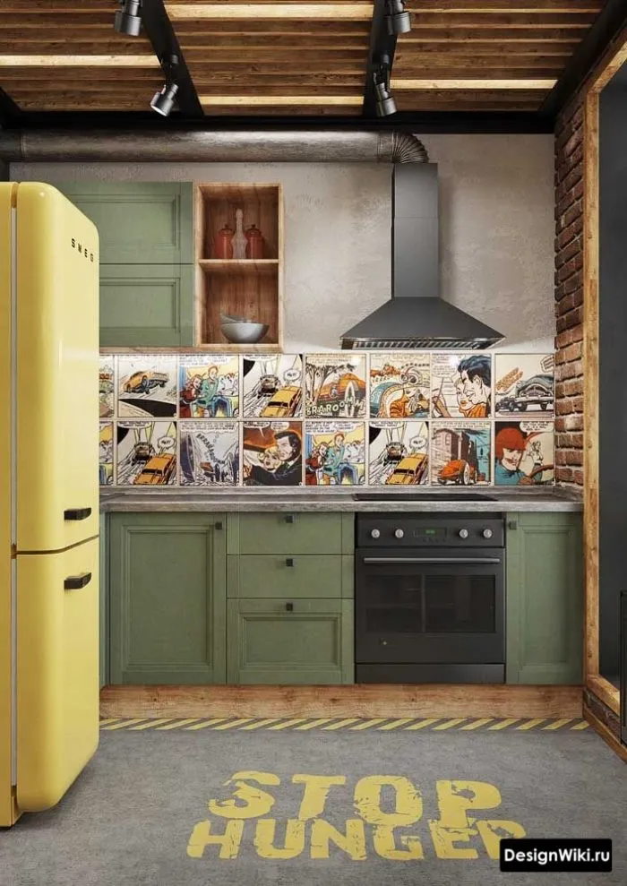 Цветовая гамма кухни в стиле лофт - желтый и хакки