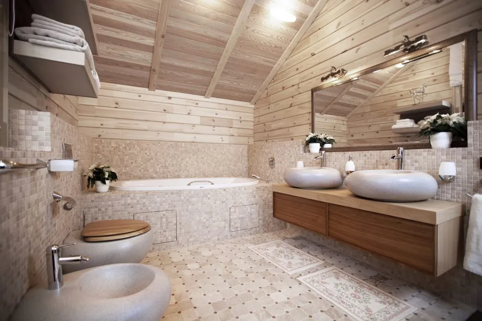 Красивая ванная с каменными раковинами и унитазом