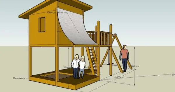 Детская площадка с домиком на высоких ножках - чертеж с размерами