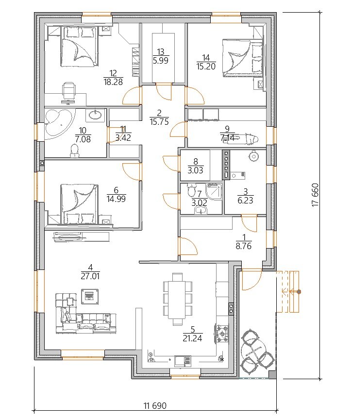 Планировка одноэтажного дома с тремя