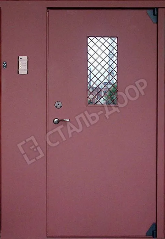 Двустворчатая подъездная дверь цвета бордо со стеклом МТД-2092