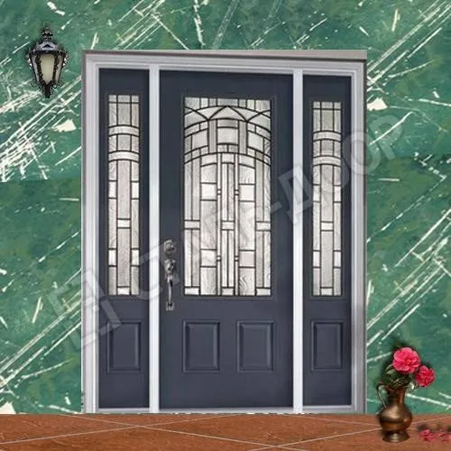 Металлическая трёхстворчатая дверь для коттеджа со стеклом и ковкой