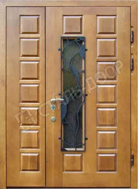 Двустворчатая коттеджная дверь со стеклом и ковкой MTD-2324