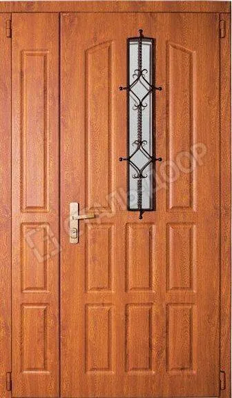 Двустворчатая парадная дверь в коттедж с отделкой МДф, ковкой и стеклом MTD-2337