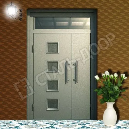 Стальная дверь в тамбур с фрамугой, стеклянными вставками и порошковым окрасом