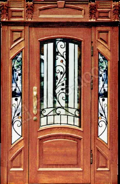Элитная дверь для коттеджа с отделкой массивом, стеклом и ковкой MTD-2326