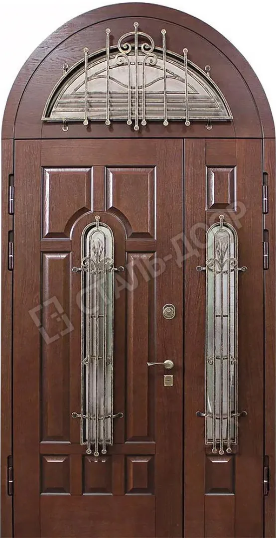 Арочная двухстворчатая дверь из МДФ со стеклом и ковкой МТД-3043