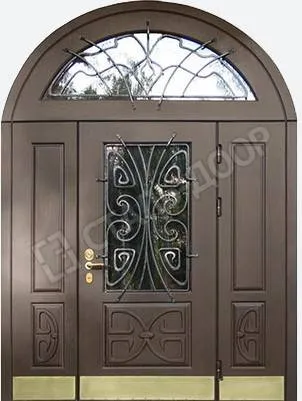 Двустворчатая парадная арочная дверь с отделкой МДФ, стеклом и ковкой МТД-2061