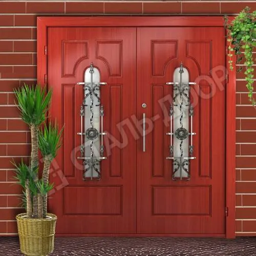 Железная дверь парадная красного цвета со стеклами и ковкой