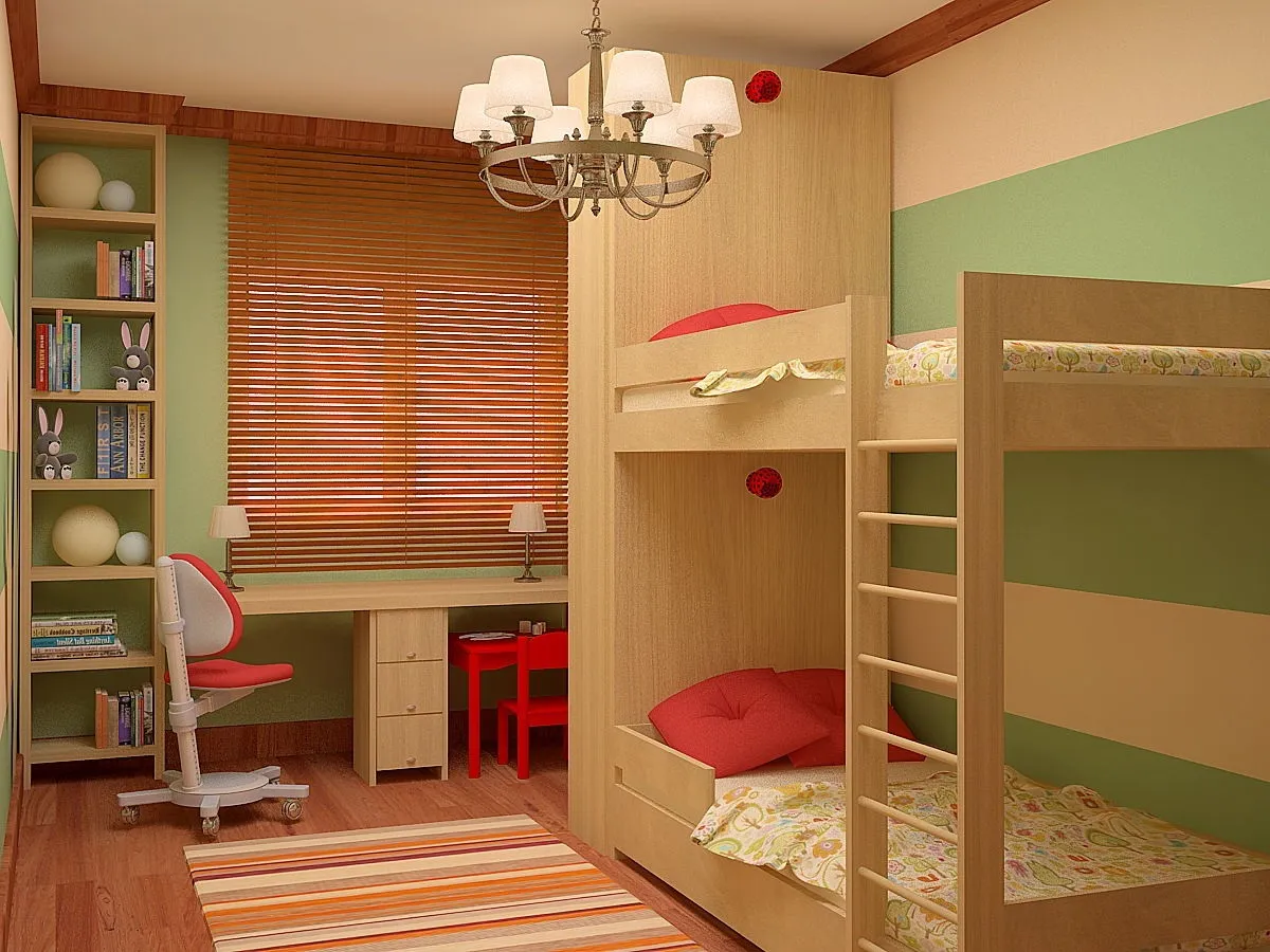 Сочетание зеленого и светло-коричневого цвета в детской комнате