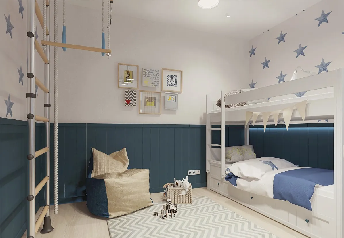 Детская спальня для двоих детей в бело-синих тонах