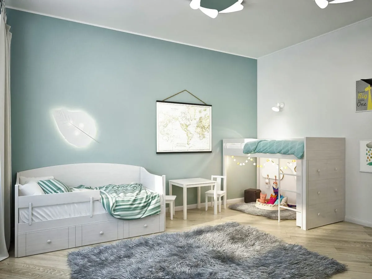 Комбинация серого и мятного цвета в комнате для мальчишек разного возраста