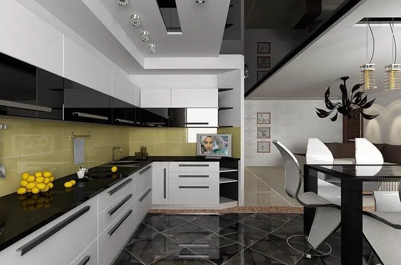 Черный потолок в интерьере кухни в стиле модерн 