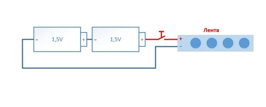 Схема подключения светодиодной ленты через батарейки