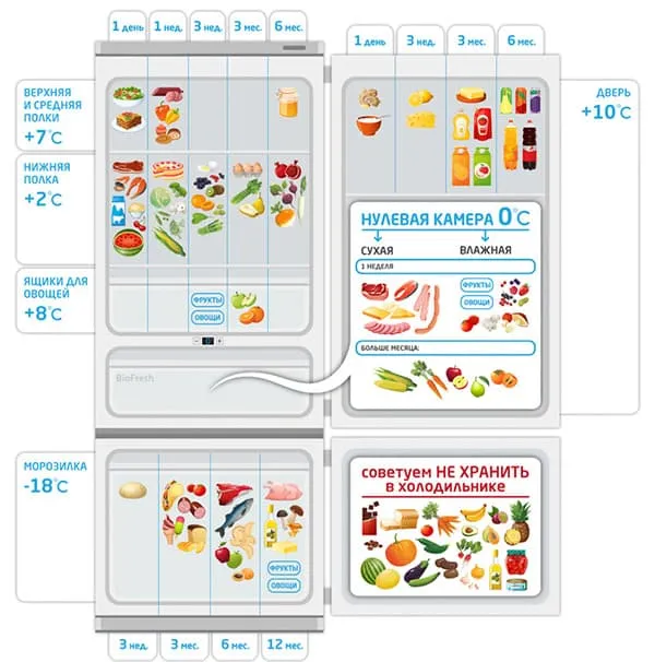 Схема распределения продуктов в холодильнике 