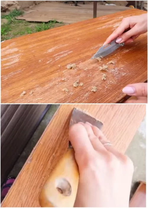 Снимать растворившийся слой лака можно с помощью шпателя или ножа с плотной сталью. | Фото: youtube.com.