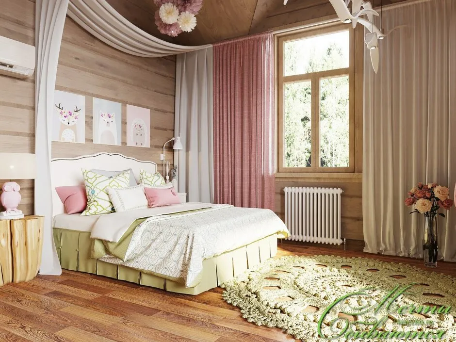 Детская спальня для девочки в деревянном доме