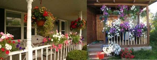 Традиционный, но такой симпатичный способ украсить открытую летнюю веранду висящими горшками с цветущими растениями