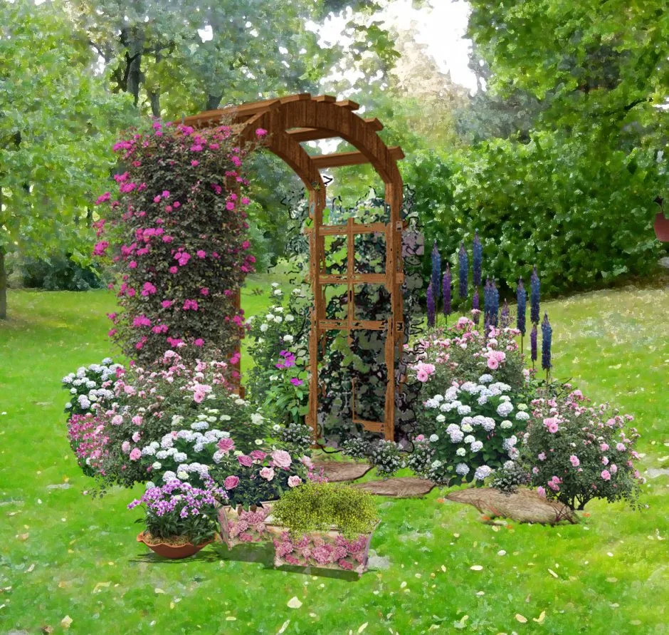 Клумба с аркой для цветов на даче