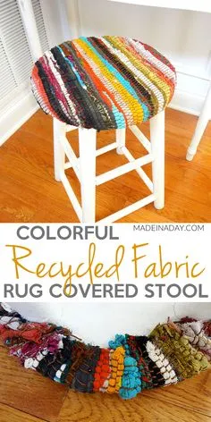 Recycled Fabric Rug Stool, Pier 1 Knockoff, Cover an old stool with #recycled #fabric #rug. Rug on a stool, rug-covered stool, Recycle Fabric Crafts, Scrap Fabric Projects, Upcycled Crafts, Sewing Projects, Recycled Fabric Art, Fabric Rug, Fabric Scraps, Chenille Fabric