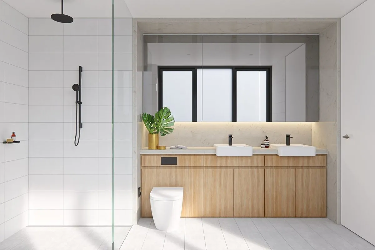 Бело-серая ванная комната с деревянной мебелью
