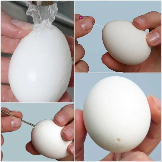 Как опустошить яйцо: 1 помыть, 2 сделать два отверстия с разных сторон, 3 выдуть содержимое яйца над тарелкой