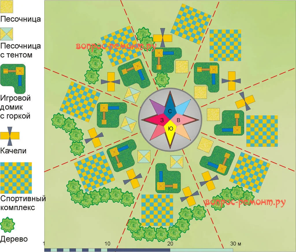 Схемы компоновки детской площадки при различном ее расположении относительно дома