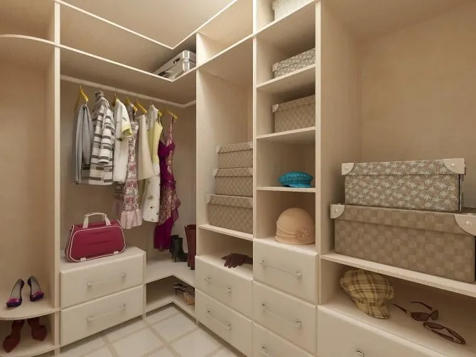 Даже в небольшой гардеробной с легкостью поместятся все необходимые и ненужные вещи, которые занимают место в комнате