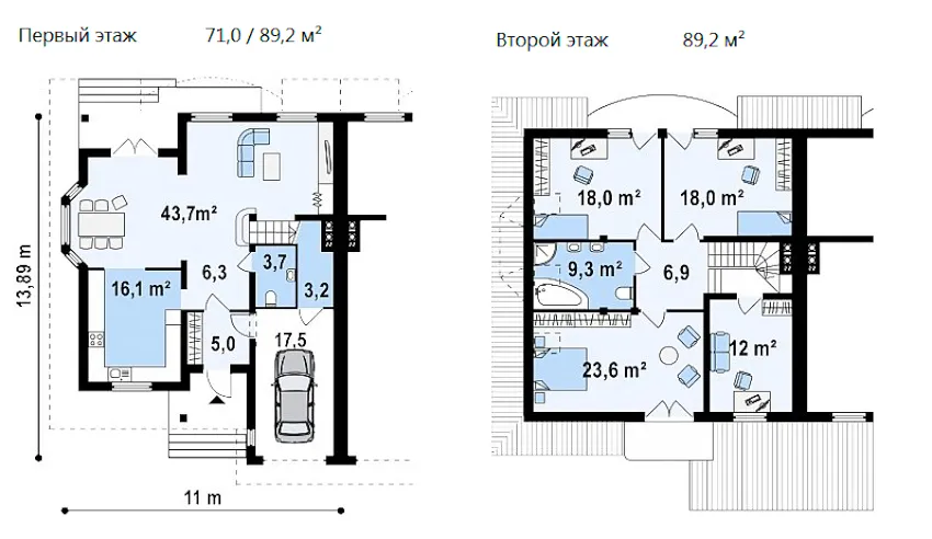 Проект двухэтажного дома с гаражом из пеноблоков 11х14 м
