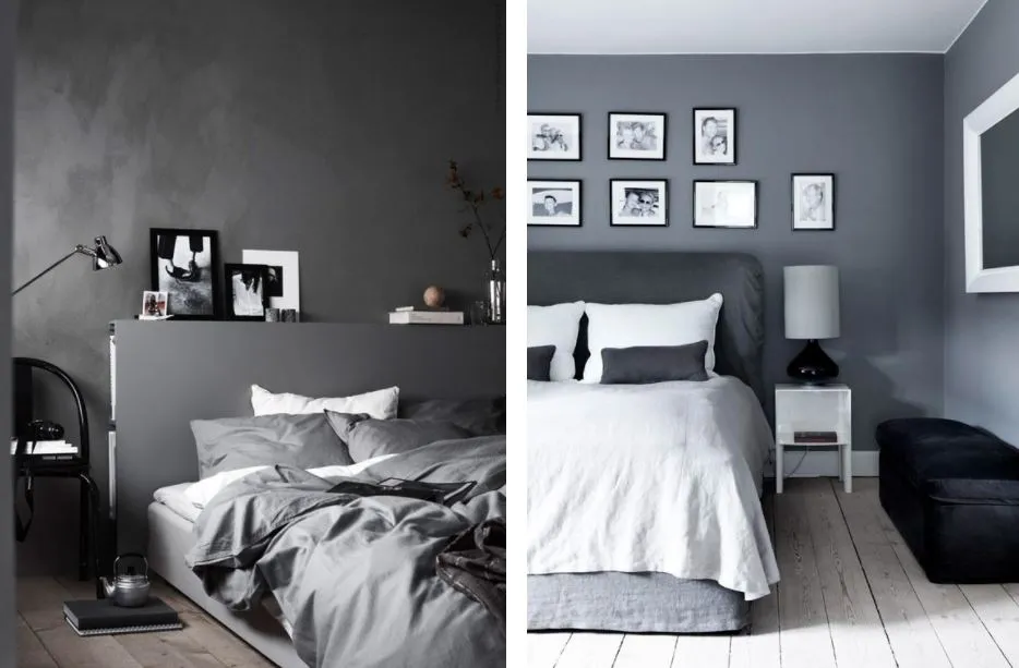 Черно-белые фото подчеркнуть стиль серо-белой спальни