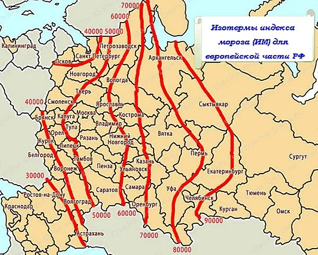 Карта-схема Европейской части России с нанесенными изотермами «индекса мороза»