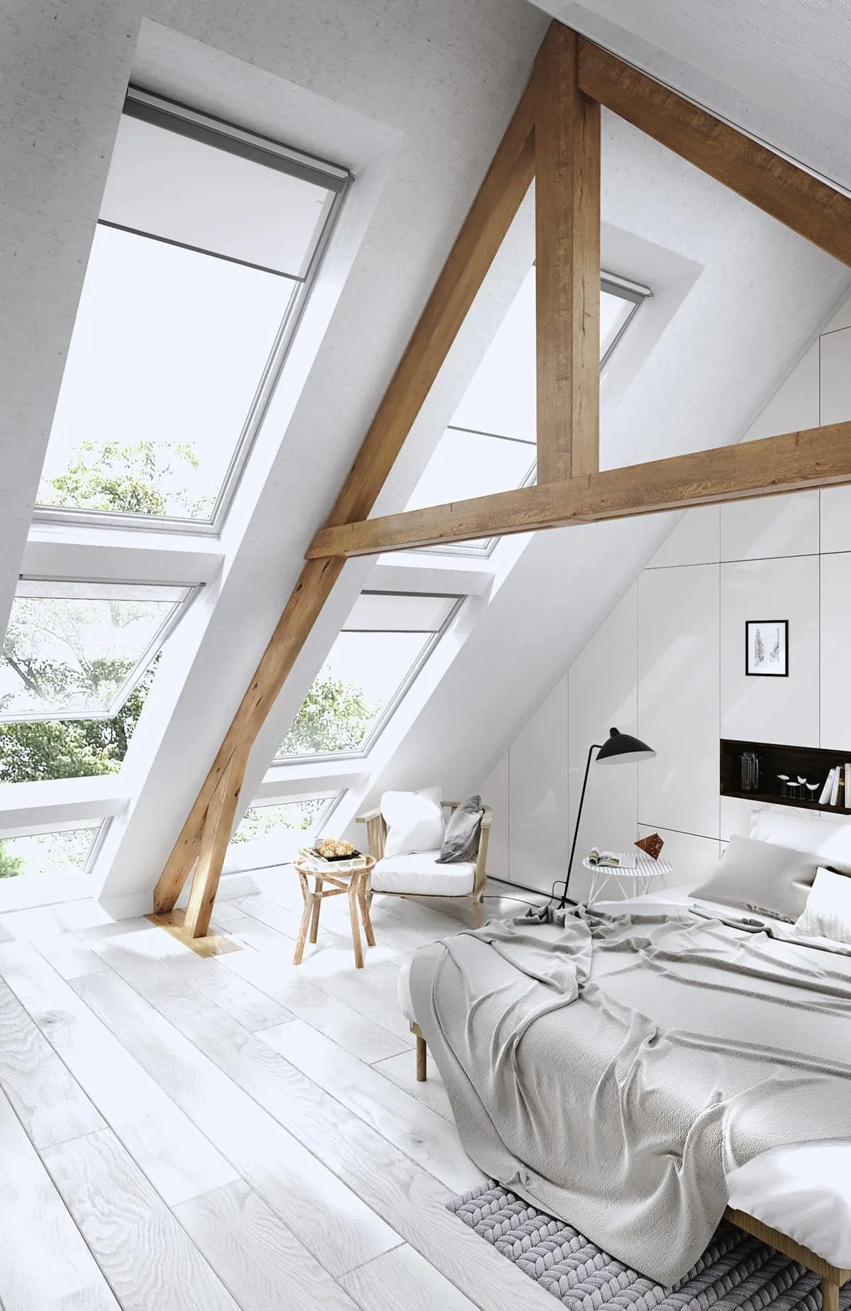 Белая спальня смотрится стильно, если эту монохромную гамму разбавляет эффектный элемент декора, например деревянные балки