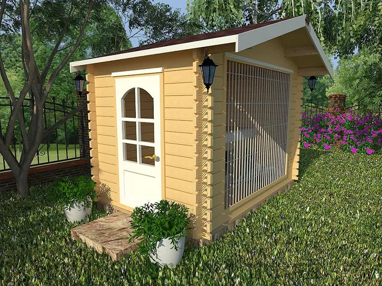 Маленькие вольерчики смотрятся как дизайнерские домики на участке. Такие клетки-дома для небольших собак делают для сезонного проживания, поэтому полы там всегда деревянные.