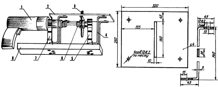 Вариант циркулярной пилы из дрели. Компоновочная схема: 1 - привод (электродрель); 2 - рабочий стол (дюралюминий, лист s5); 3 - дисковая пила; 4 - стойка (Ст3, полоса 20×5, 4 шт.); 5 - опорный держатель вала оправки; 6 - оправка; 7-держатель электродрели; 8 - опорная плита (мебельная ДСП, s30)