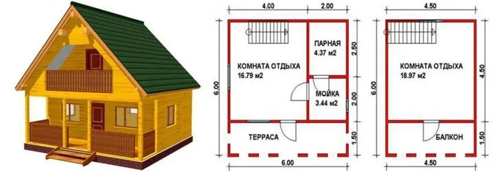 Баня из бруса 4х6 по проекту Гретта с мансардой и террасой в комплектации под ключ: фото, описание, цена, планировка