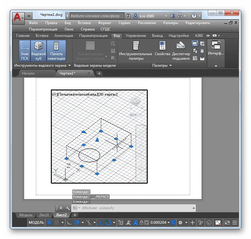 Вид рабочей области в программе AutoCAD