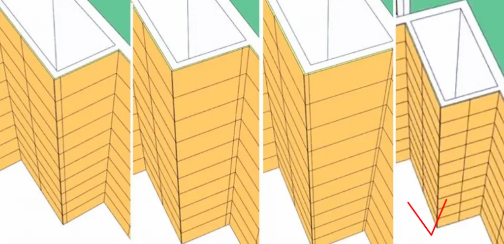 Варианты укладки на стене ванной, на которой помещается только одна целая плитка – правильный вариант только 4