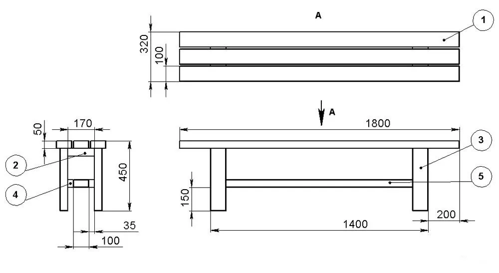 Чертёж скамьи без спинки