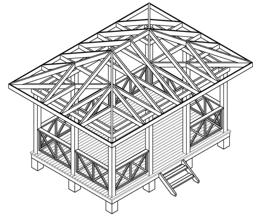 Проект прямоугольной деревянной беседки с ограждением и лестницей