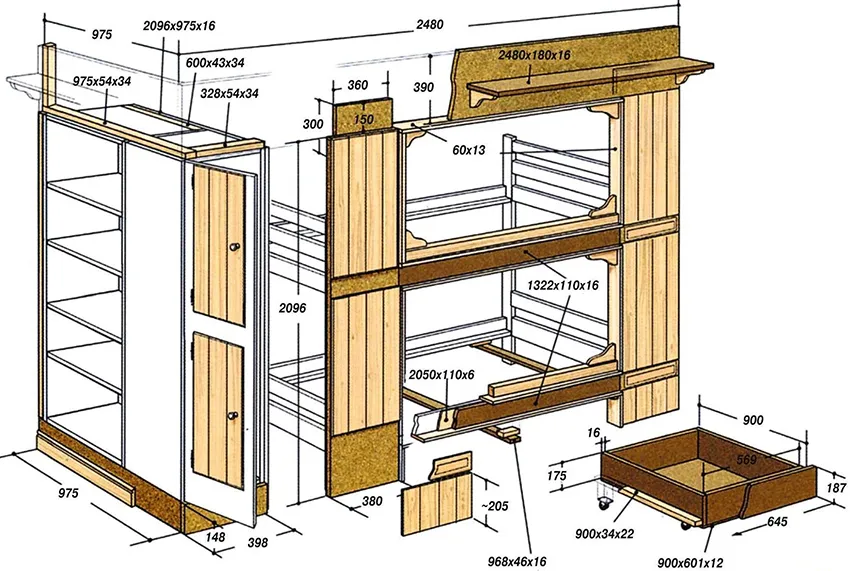 Чертеж двухъярусной детской кровати размером 975х2096х2480 мм