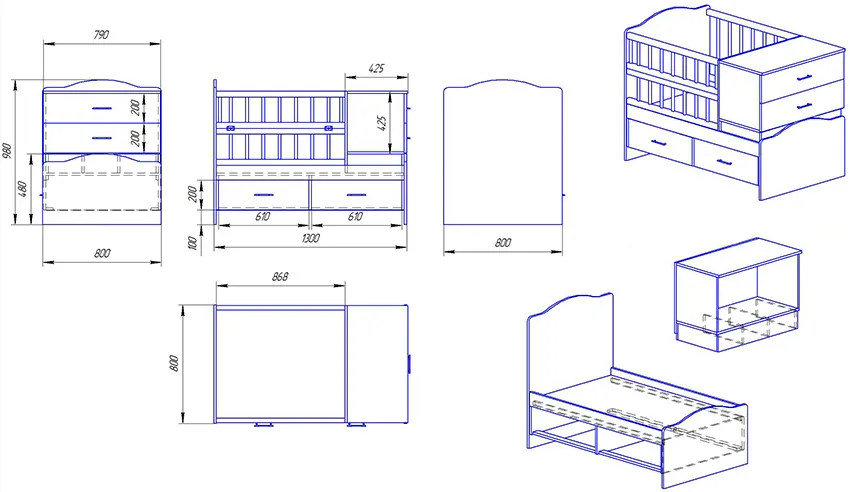 Чертеж кроватки для новорожденного с дополнительными ящиками