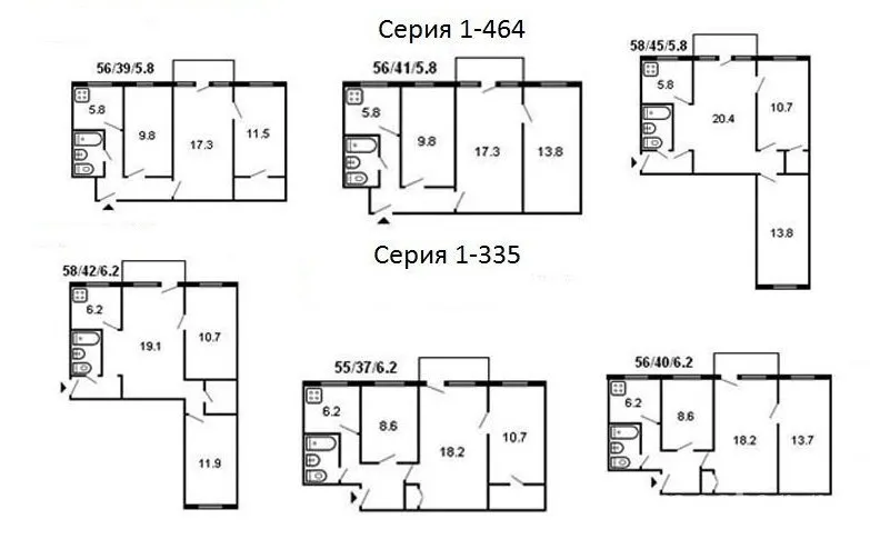 Планировки типовых 3 комнатных хрущевок